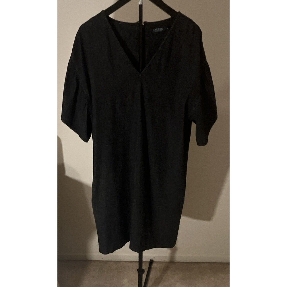Lauren Ralph Lauren Black Denim Solid V-Neck Short Sleeve Knee Zip Back Dress 16